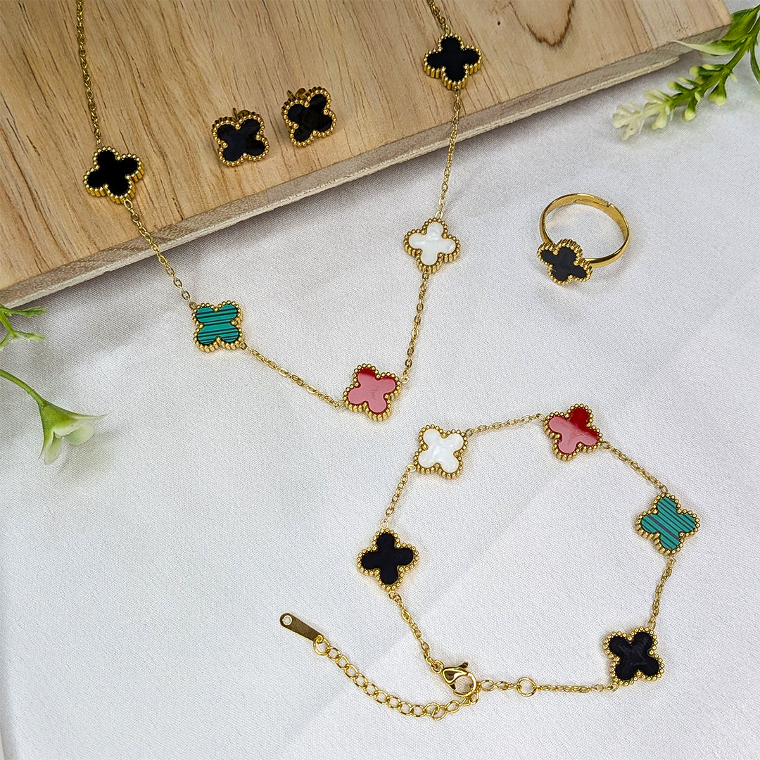 Gold Plated Floral Combo Set with Necklace, Earrings, Ring & Bracelet