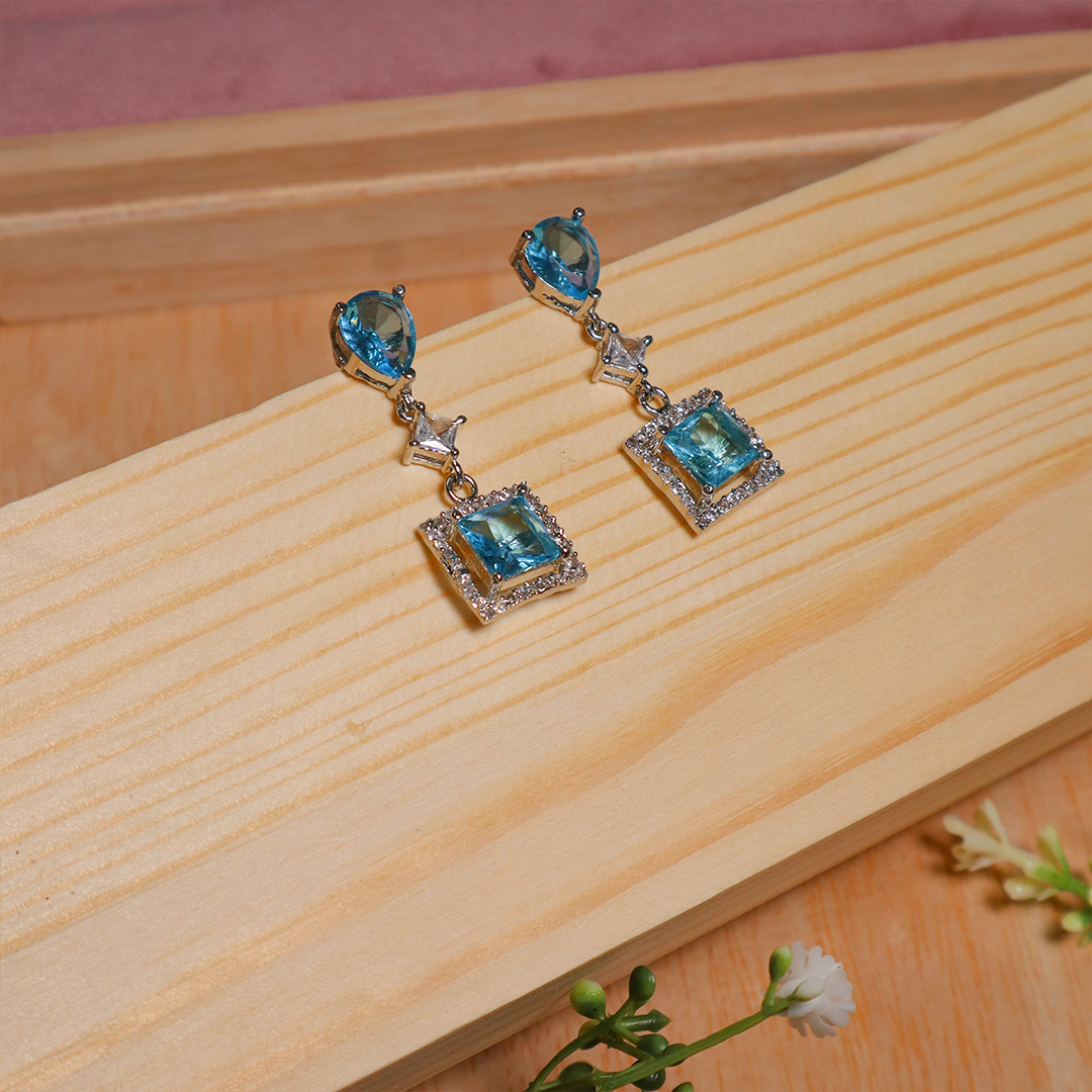 American Diamond Aqua Blue Square Dangle Earrings