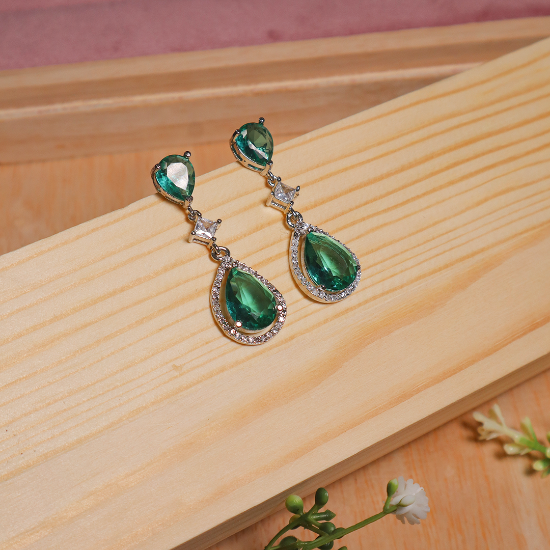 American Diamond Green Drop Dangle Earrings