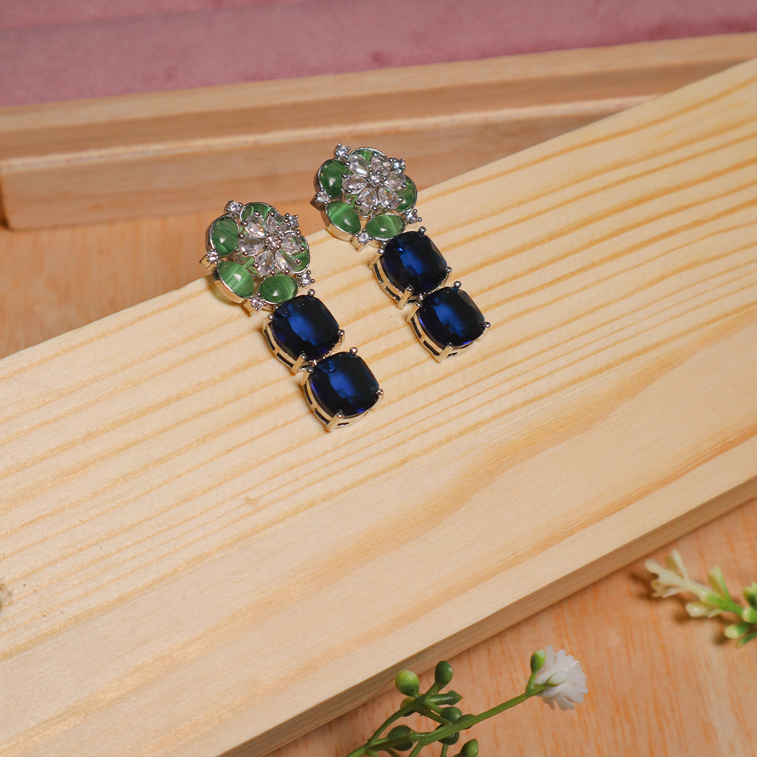 American Diamond Green Flower Stud With Blue Gemstone Earrings