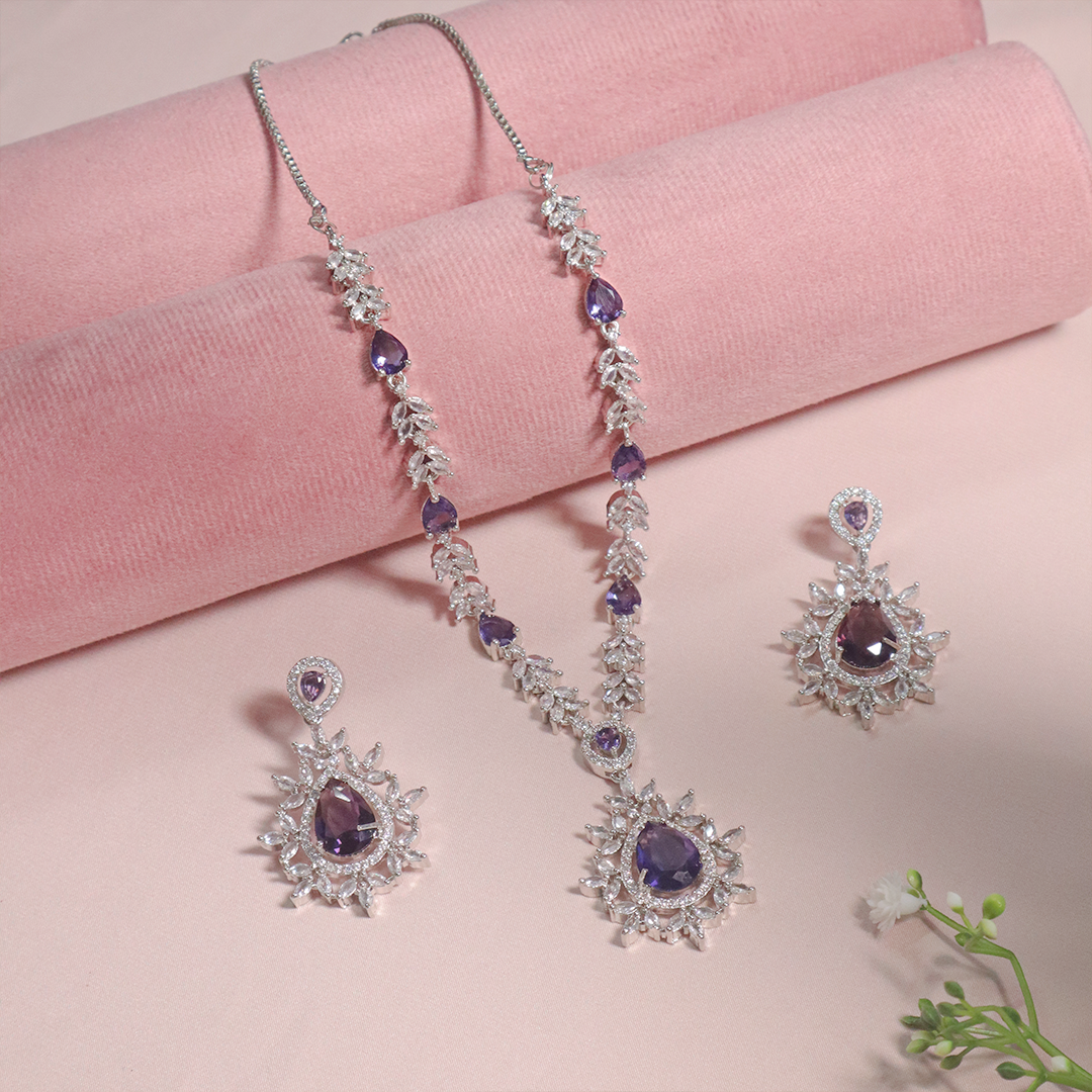 Purple Drop American Diamond Necklace With Earrings