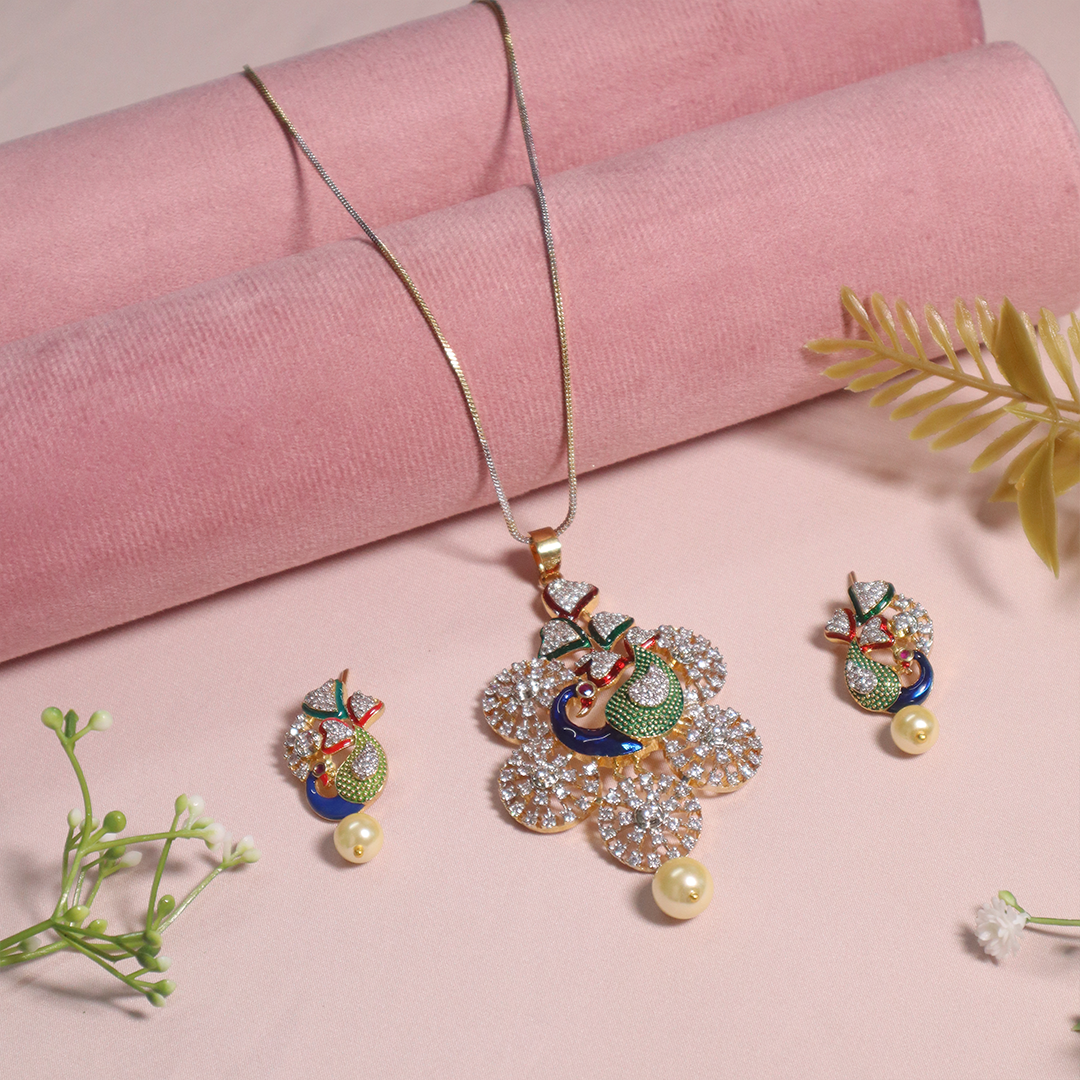 Gold Plated American Diamond Peacock With Pearl Necklace With Earrings