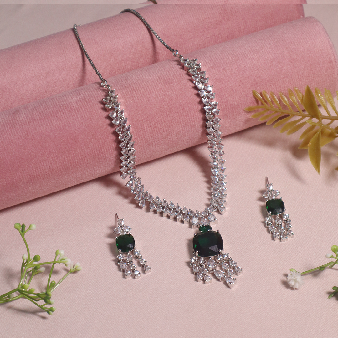 Green Gemstone American Diamond Necklace With Earrings