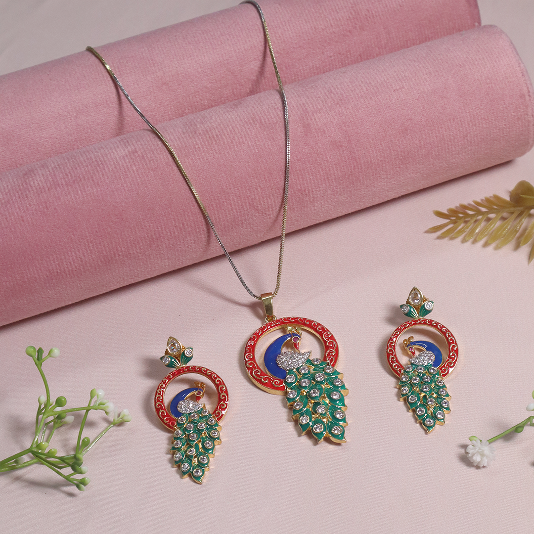 Gold Plated American Diamond Peacock Necklace With Earrings