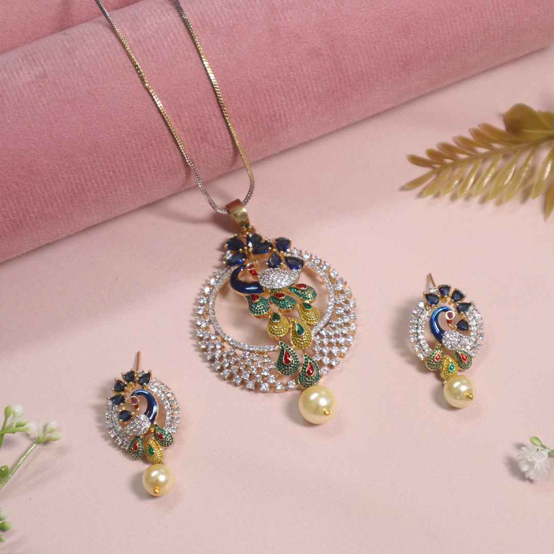 Gold Plated American Diamond Peacock Circle Necklace With Earrings