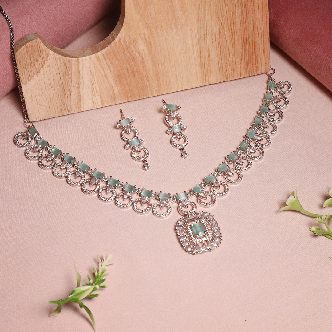 Sea Green American Diamond Necklace With Earrings