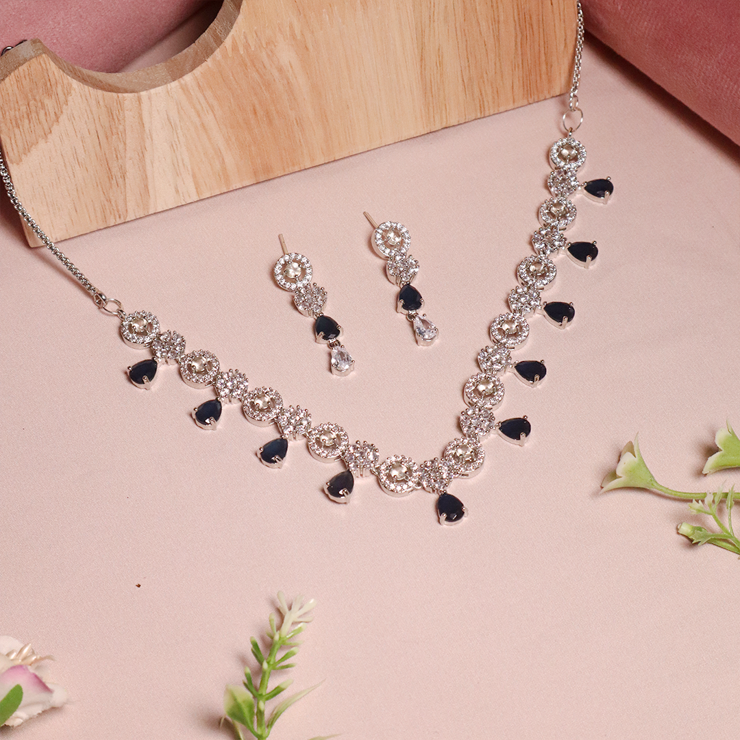 Blue Stone American Diamond Necklace With Earrings