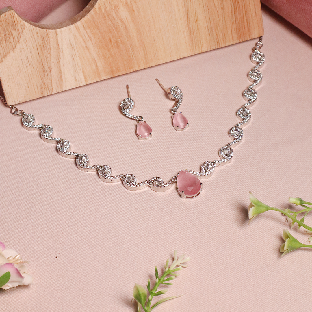 Pink Drop American Diamond Necklace With Earrings