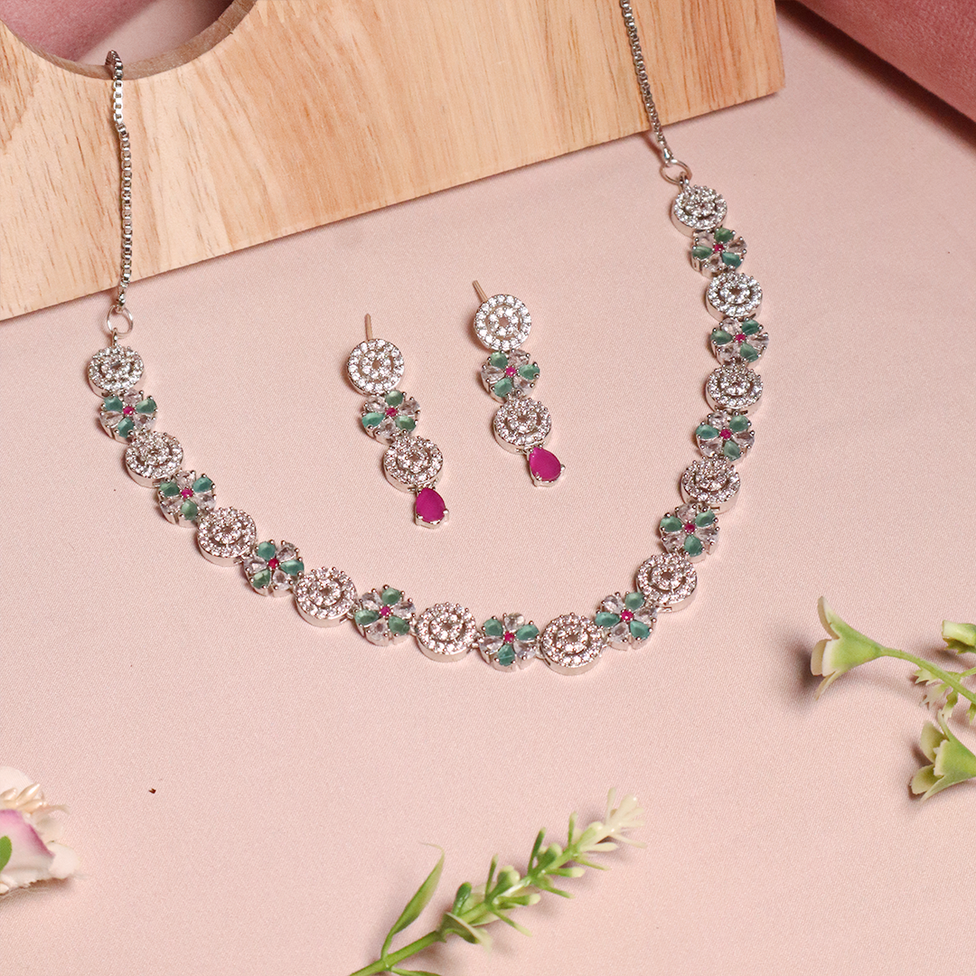 Green and Pink Floral American Diamond Necklace With Earrings
