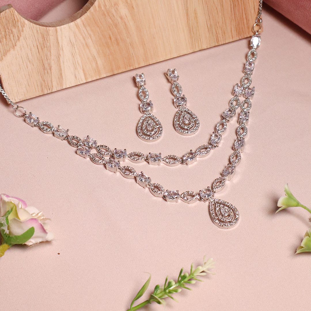 White Gold American Diamond Double Layered Necklace With Earrings