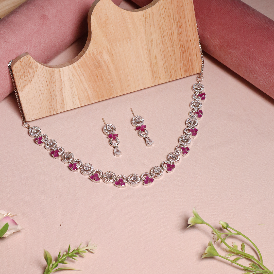 Megenta Pink American Diamond Necklace With Earrings