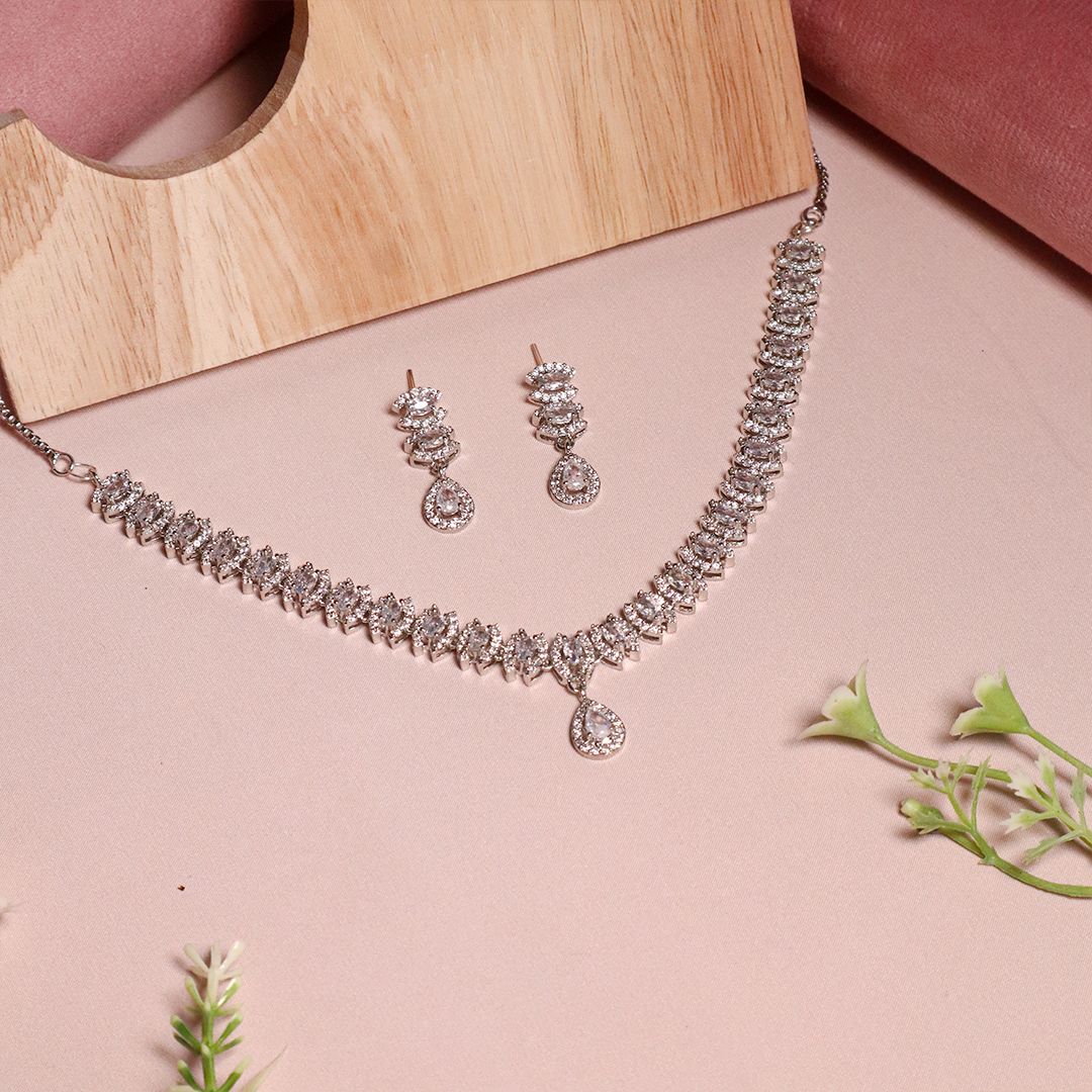 White Gold American Diamond Necklace With Earrings