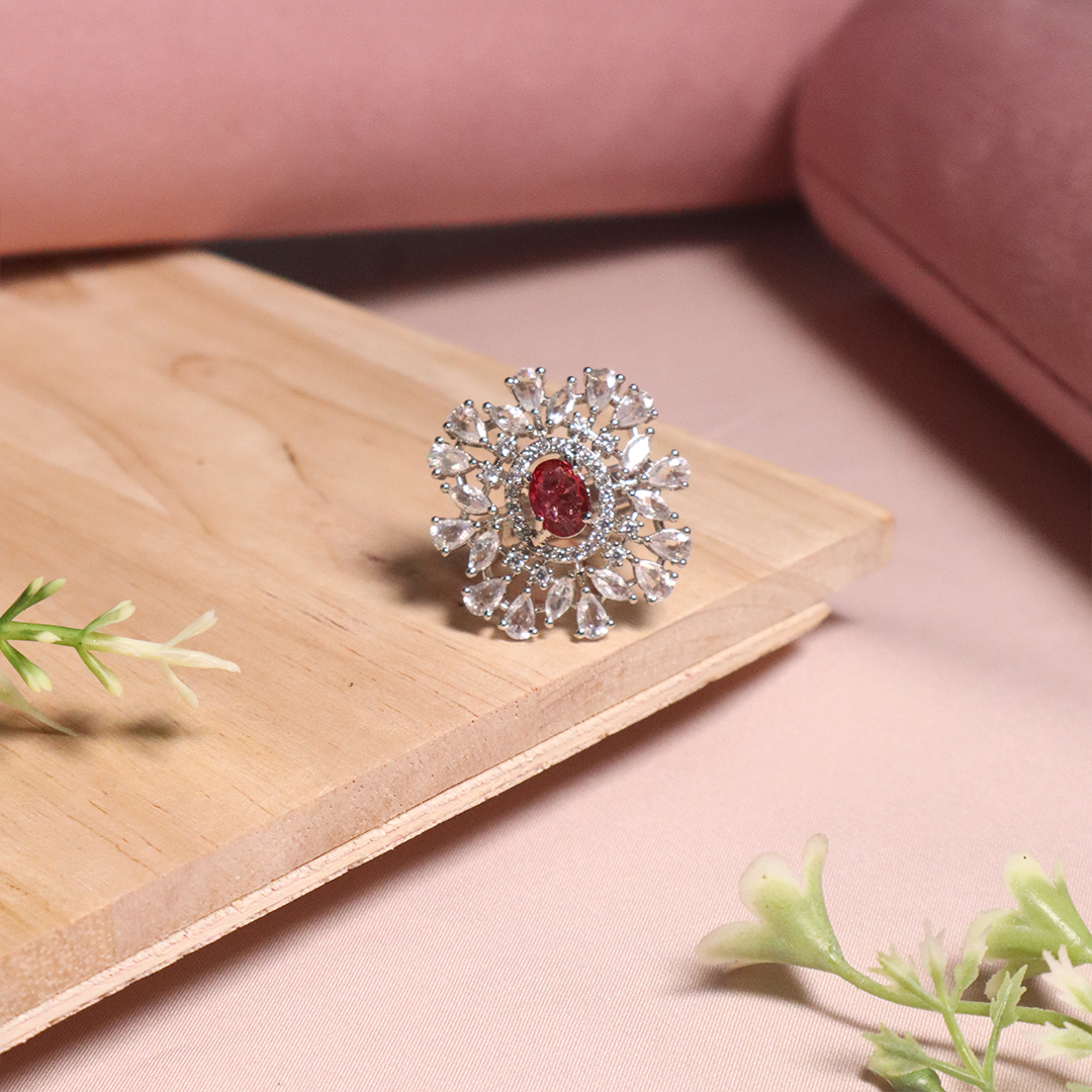Ruby Pink Stone Embellished American Diamond Ring