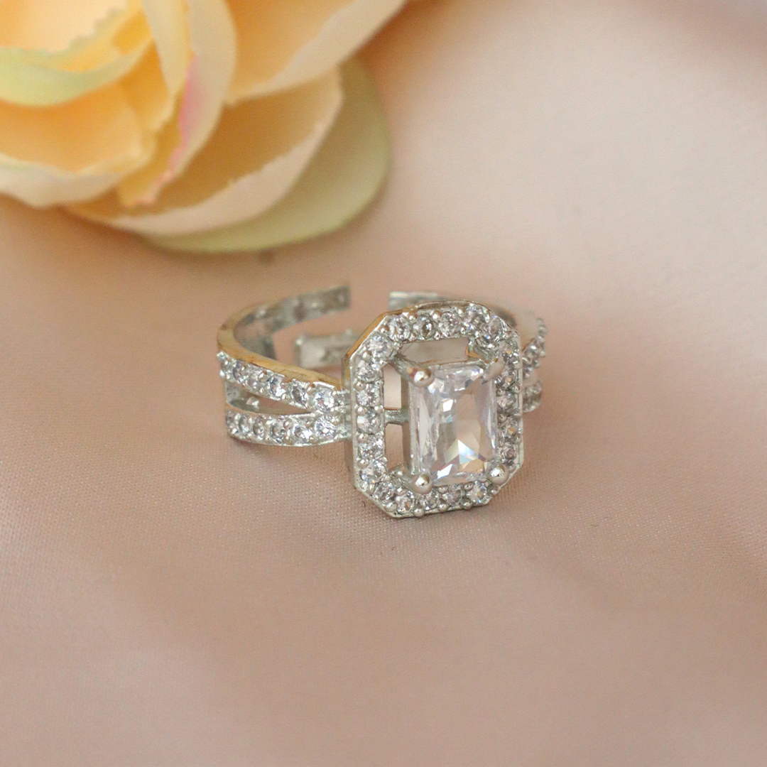 Elegant Silver American Diamond Ring with Rectangular Center Stone