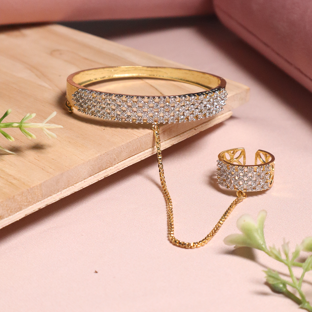 18K Gold Plated American Diamond Ring Bracelet (Anti Tarnish)