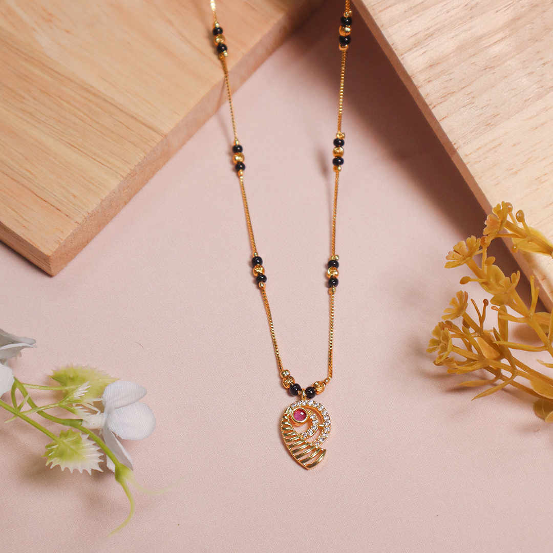 Golden Swirl With Ruby Stone American Diamond Mangalsutra