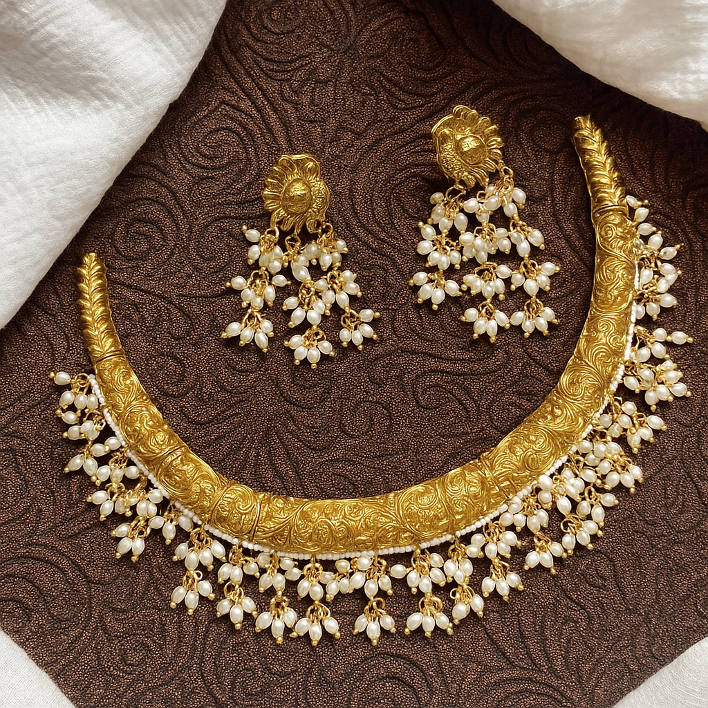 Golden Nakkashi Pearl Drop Temple Jewellery Set