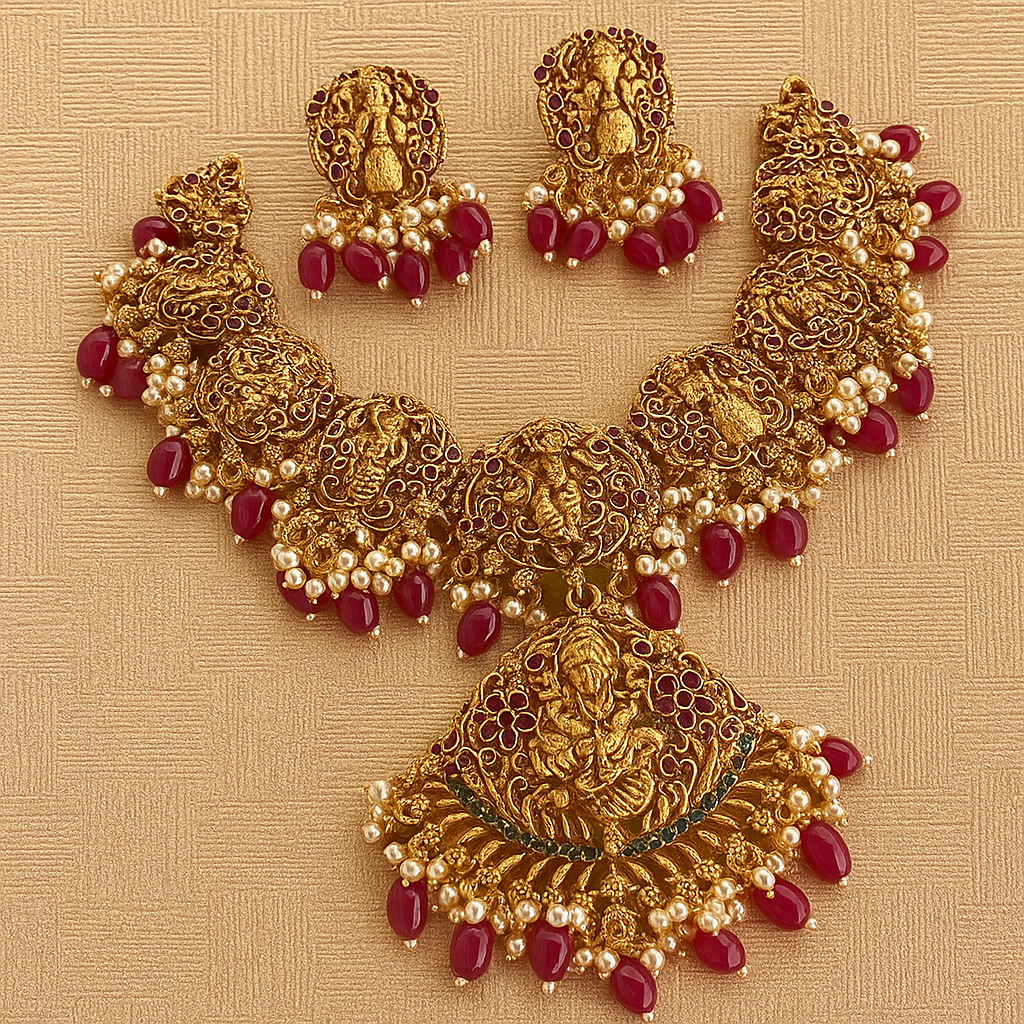 Lakshmi Temple Jewellery Set with Ruby Beads