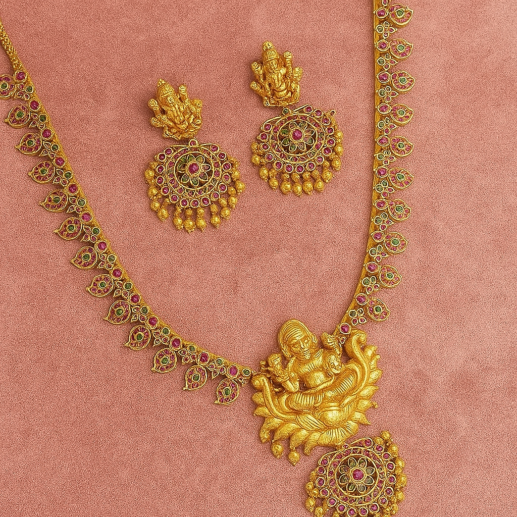 Lakshmi Peacock Motif Temple Necklace Set