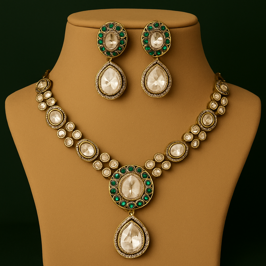 Emerald Green Kundan Bridal Necklace Set with Earrings – Antique Gold Finish