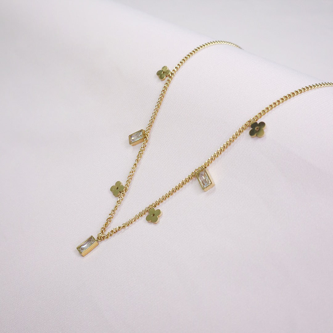 18K Gold Plated Square Tassel With Clover Pendant Necklace (Anti Tarnish)