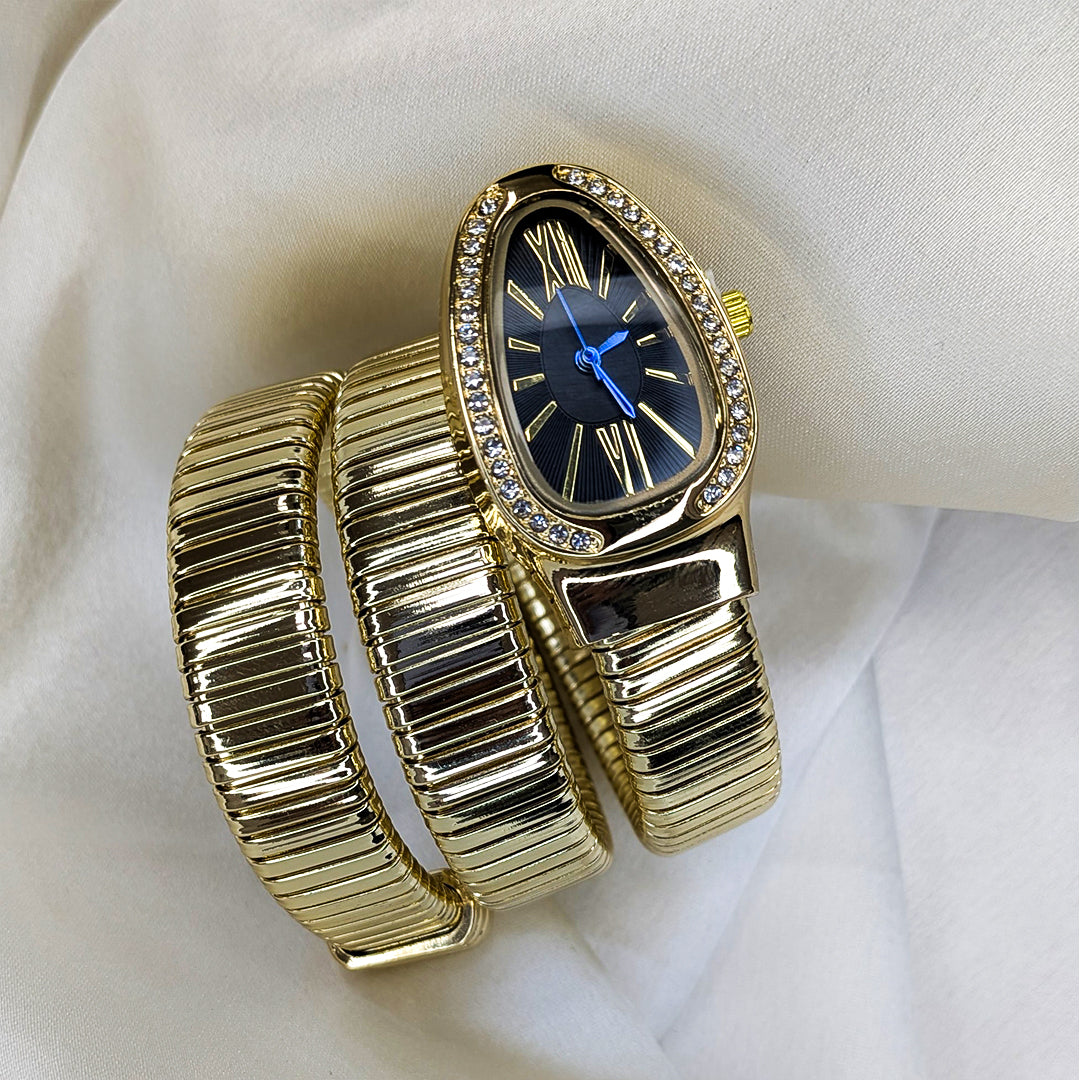 Stylish Multi Layer Snake Wrap Watch With Studded Oval Dial for Girls & Women