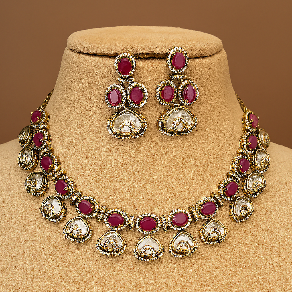 Antique Gold Plated Ruby & Polki Stone Necklace Set