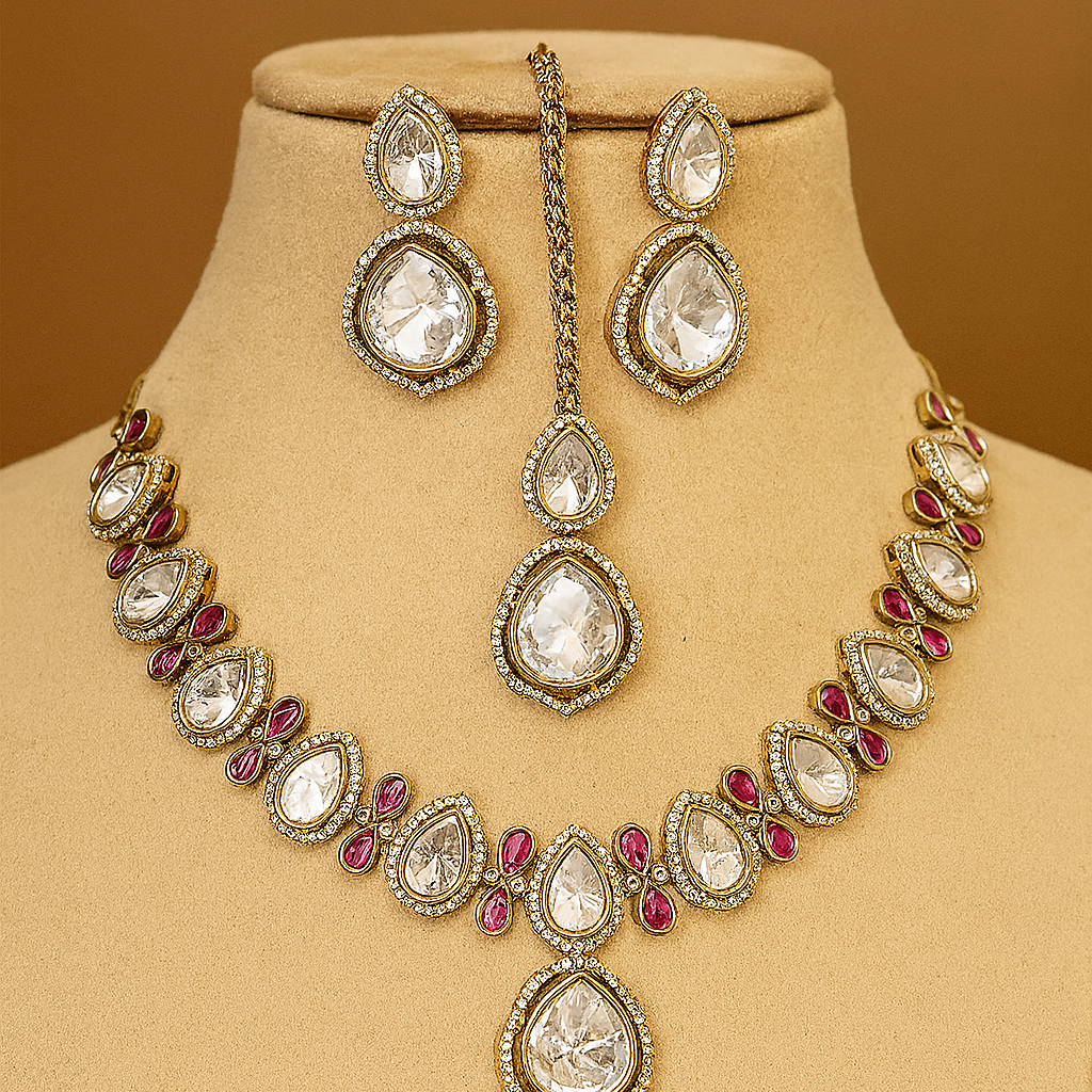 Royal Kundan Polki Necklace Set & Maang Tikka