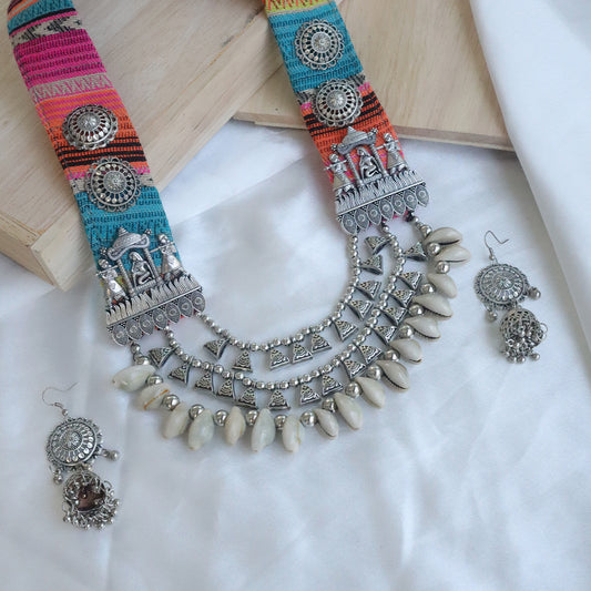 Tribal Heritage Oxidized Necklace Set with Colorful Fabric Strap & Cowrie Danglers(Navratri Special)