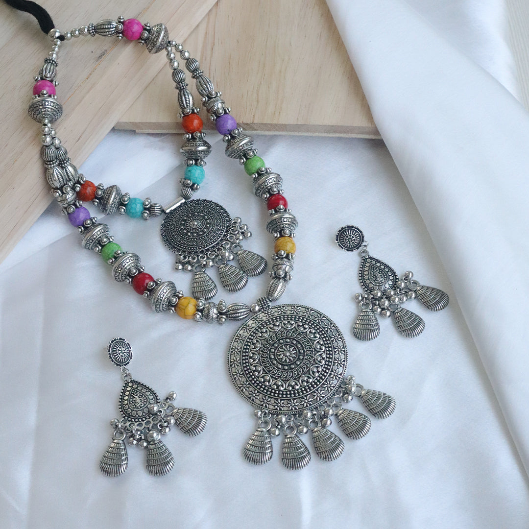 Ethnic Silver Plated Boho Necklace & Earring Set with Colorful Beads