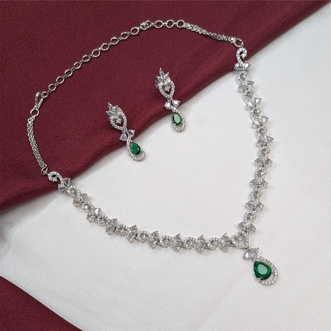 American Diamond Teardrop Green Stone Necklace Set with Matching Earrings