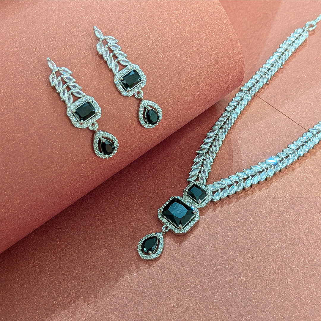 AD Luxe Square & Teardrop Gemstone Necklace With Matching Earrings For Women