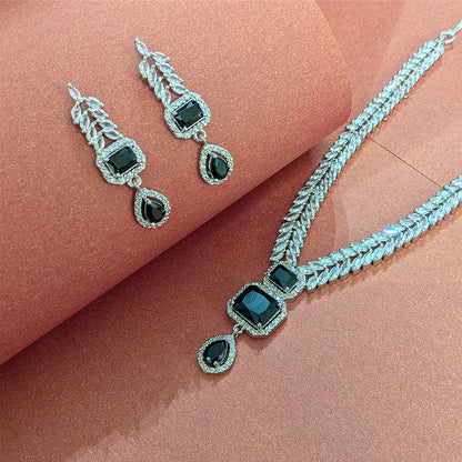 AD Luxe Square & Teardrop Gemstone Necklace With Matching Earrings For Women