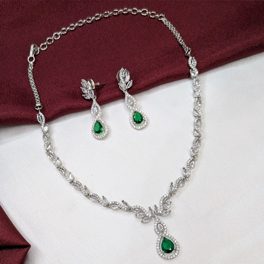 American Diamond Teardrop Green Stone Necklace Set with Matching Earrings