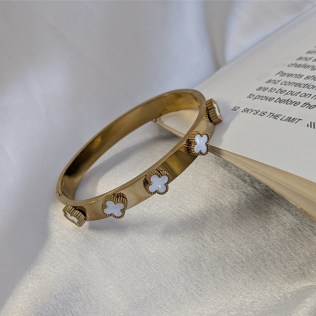 Gold Plated White Clover Charm Bracelet For Girls & Women