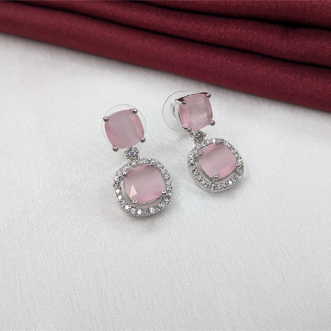 Silver Finish Elegant Cushion Cut AD Stone Drop Earrings for Girls & Women