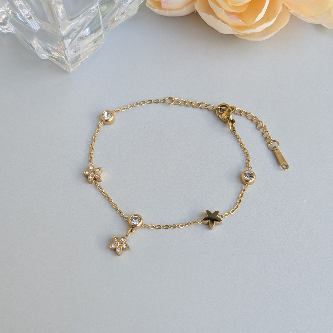Gold Finish Daisy Charm Bracelet with Sparkling AD Stones For Girls & Women
