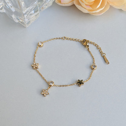 Gold Finish Daisy Charm Bracelet with Sparkling AD Stones For Girls & Women