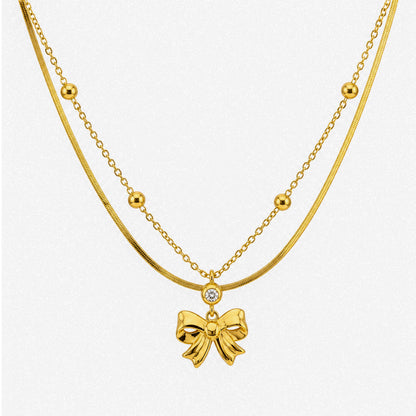 Double Layered Bow Pendant With Beaded Chain for Girls & Women