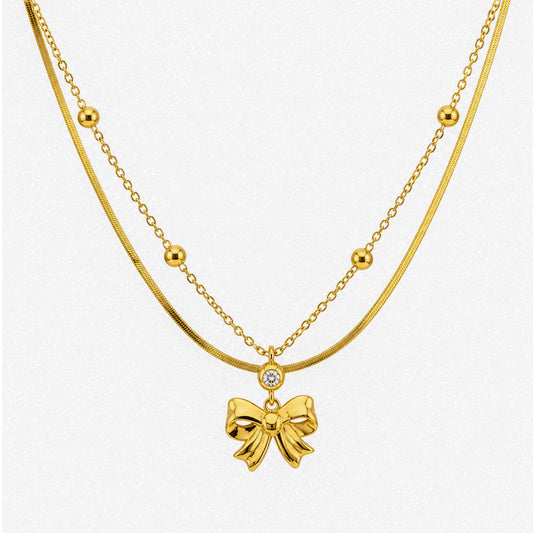 Double Layered Bow Pendant With Beaded Chain for Girls & Women