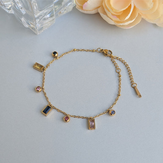 Gold Finish Chain Bracelet With Rectangle & Round Colored Gemstone Accents For Girls & Women