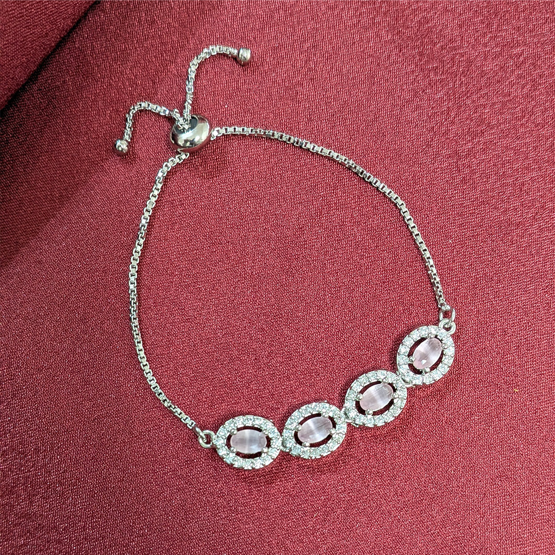 Silver Finish Oval Pink Stone & AD Studded Adjustable Bracelet for Girls & Women