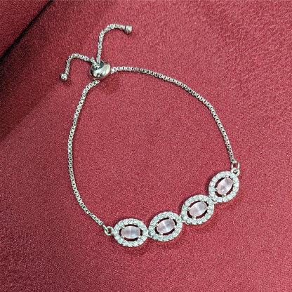 Silver Finish Oval Pink Stone & AD Studded Adjustable Bracelet for Girls & Women