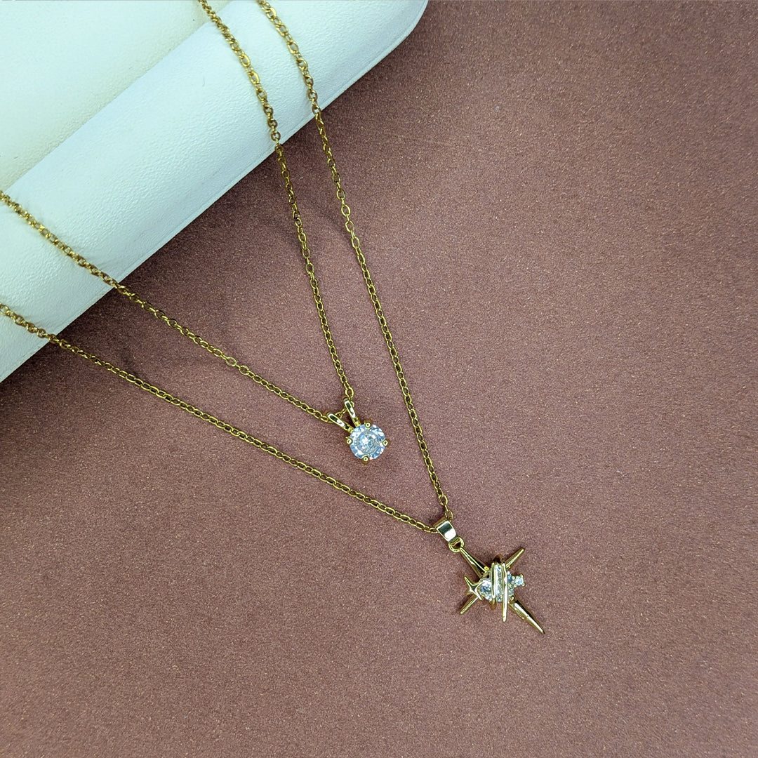 Gold Finish Layered Star & Solitaire Crystal Pendant For Girls & Women