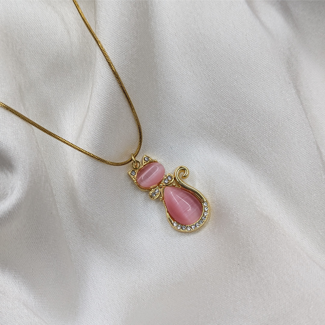 Gold Finish Crystal & Stone Kitty Charm Pendant for Women