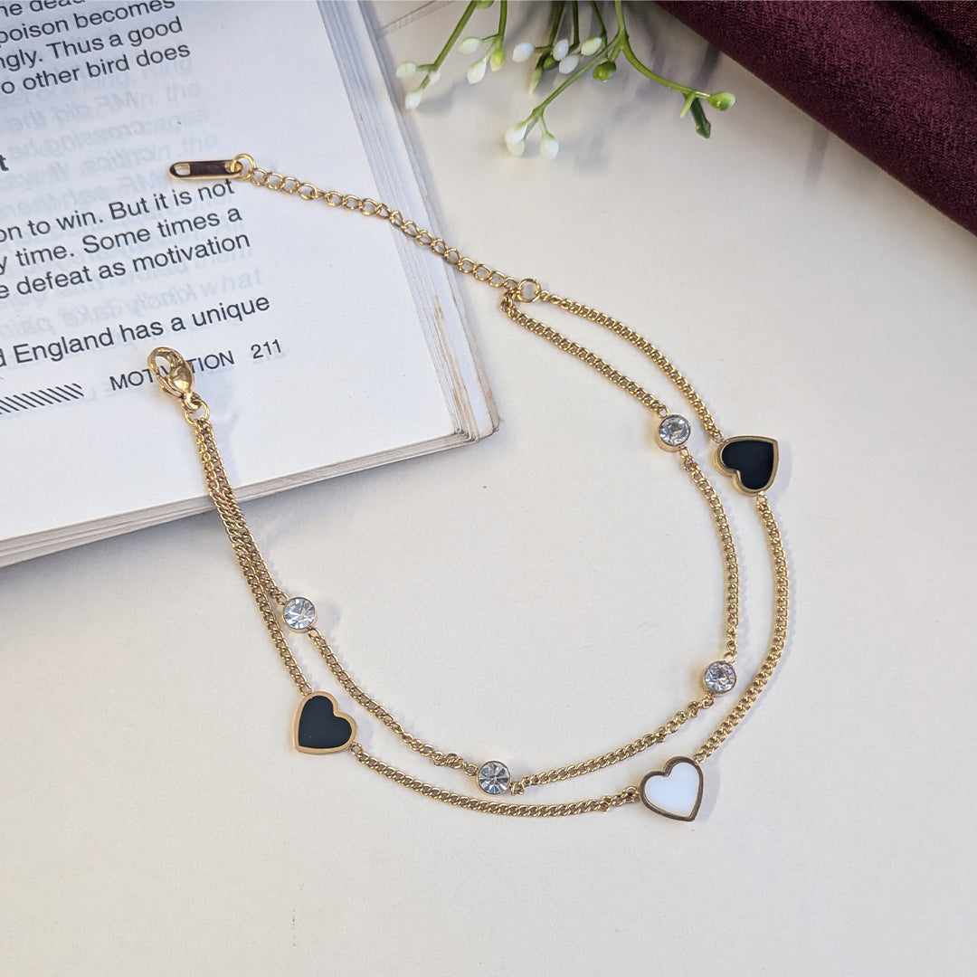 Gold Tone Black & White Heart with Stone Accents Anklet For Girls & Women