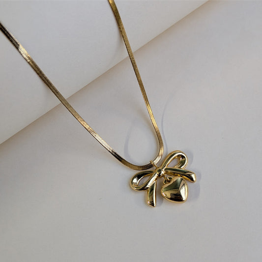 Elegant Ribbon Bow Pendant Necklace with Heart Drop For Girls & Women