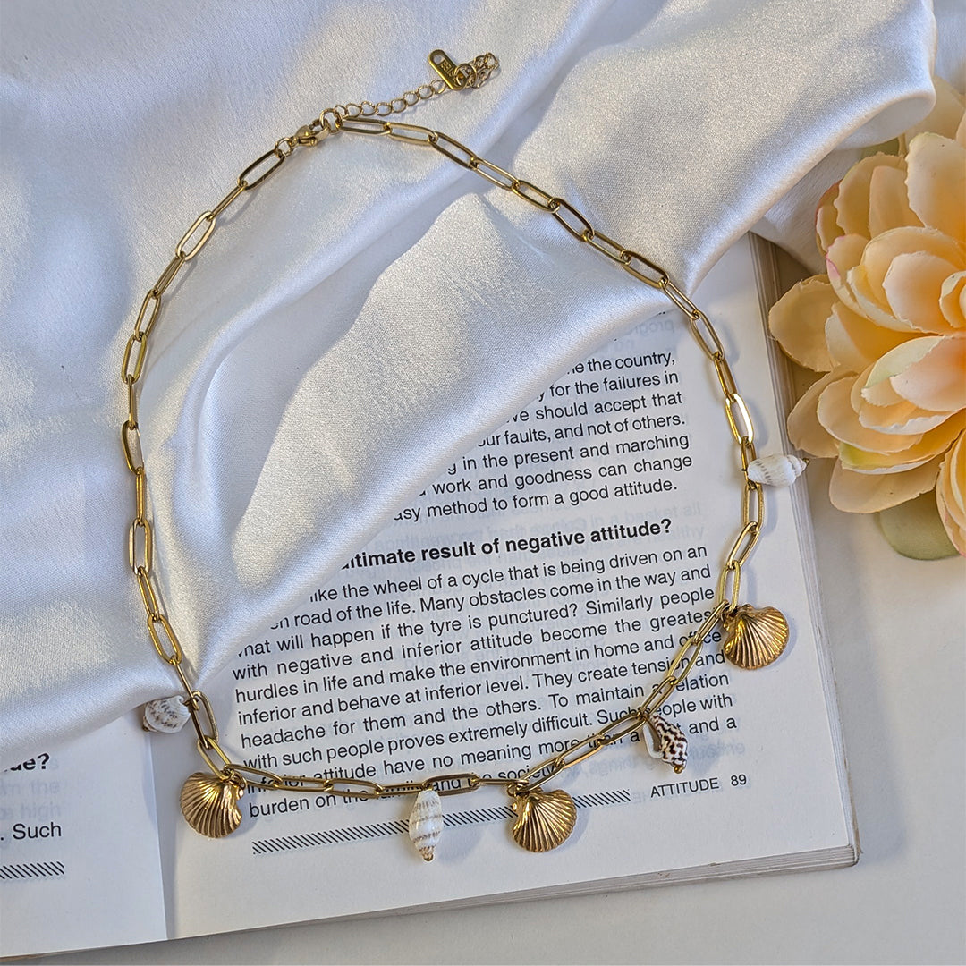 Gold Finish Beach Style Chain Necklace With Seashell & Pearl Charms For Girls & Women