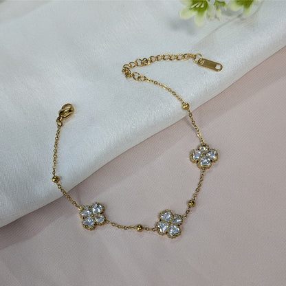 Gold Finish Triple Crystal Floral Bracelet For Girls & Women (Anti-Tarnish)