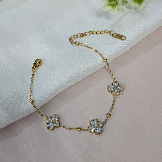 Gold Finish Triple Crystal Floral Bracelet For Girls & Women (Anti-Tarnish)